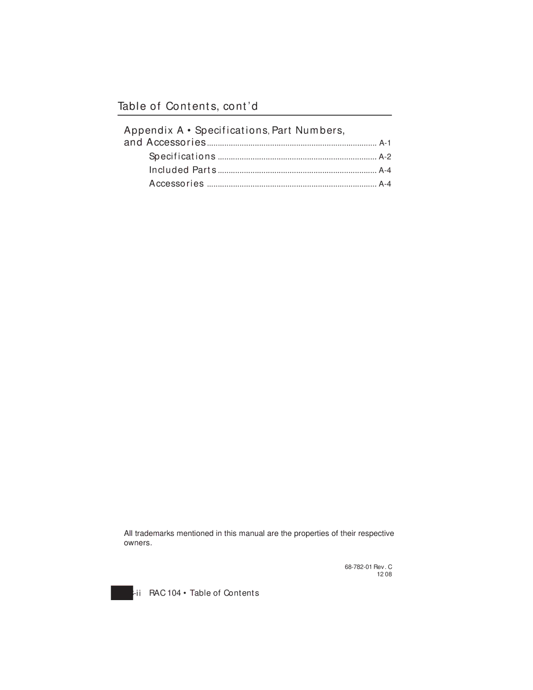 Extron electronic RAC 104 user manual Appendix a Specifications , Part Numbers, Accessories Specifications Included Parts 