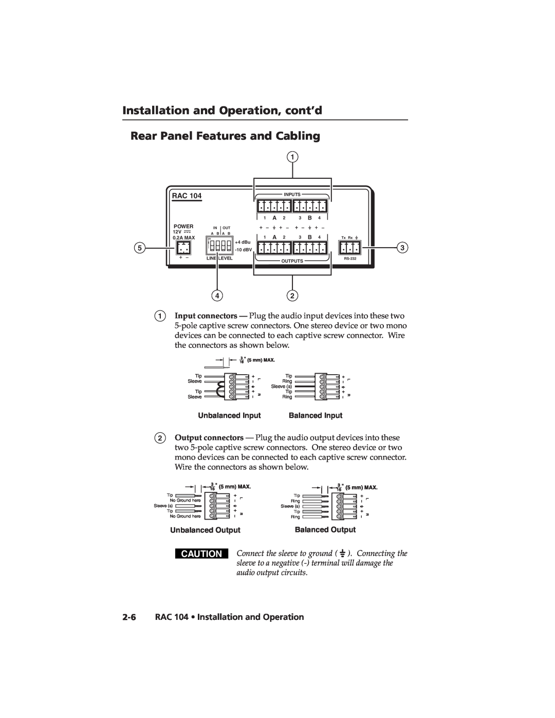 Extron electronic user manual Rear Panel Features and Cabling, 2-6RAC 104 Installation and Operation 