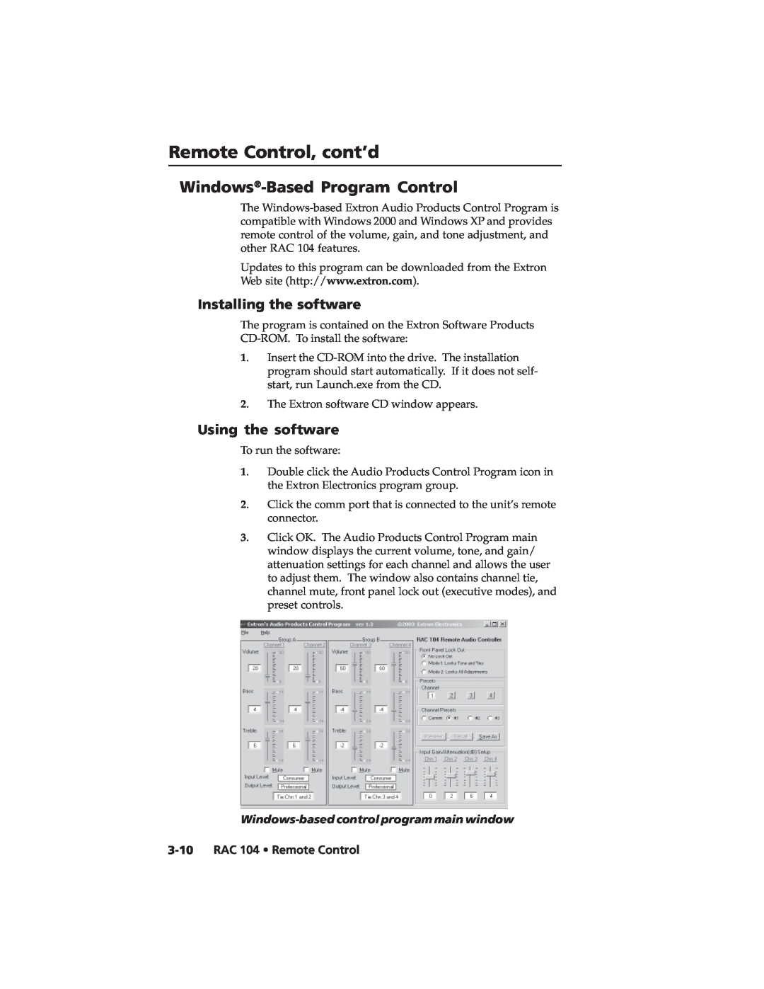 Extron electronic RAC 104 user manual Windows-BasedProgram Control, Installing the software, Using the software 