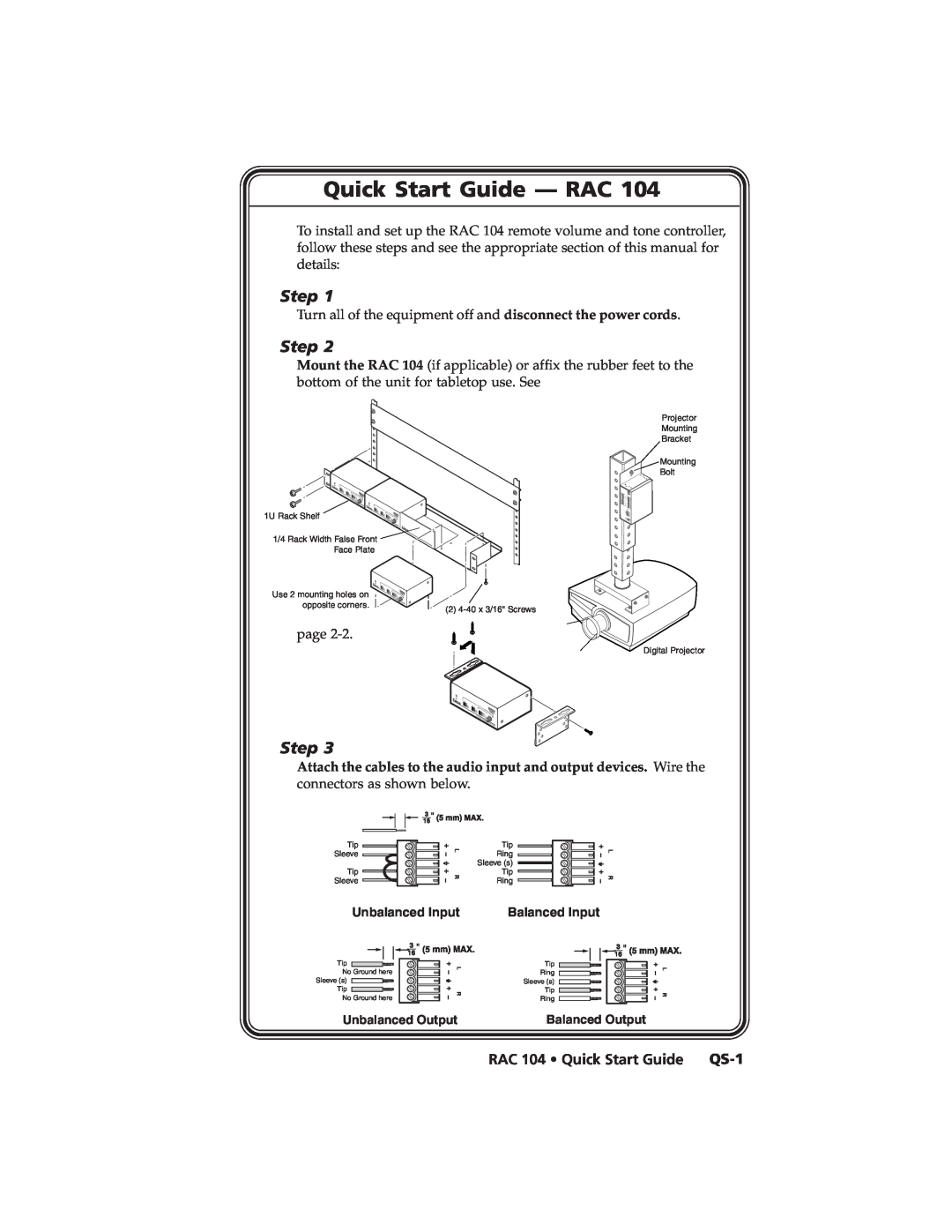 Extron electronic user manual Quick Start Guide - RAC, Step, RAC 104 Quick Start Guide QS-1 