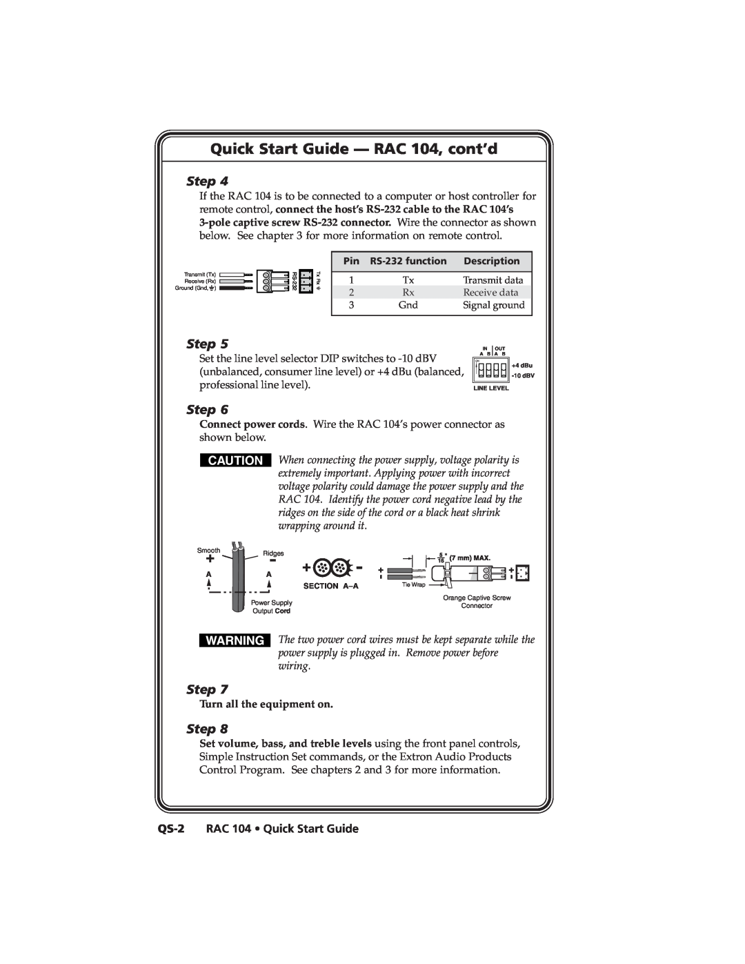 Extron electronic user manual Quick Start Guide - RAC 104, cont’d, QS-2RAC 104 Quick Start Guide, Step 