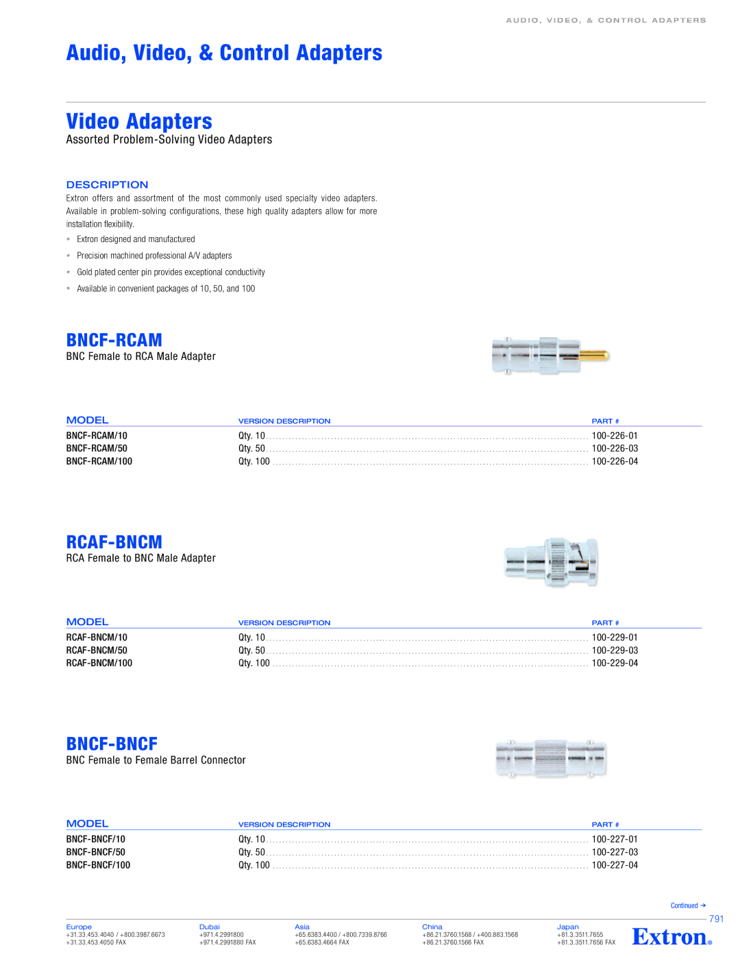 Extron electronic RCAF-BNCM/50, RCAF-BNCM/100, BNCF-RCAM/10, BNCF-RCAM/50 specifications Bncf-Rcam, Rcaf-Bncm, Bncf-Bncf 