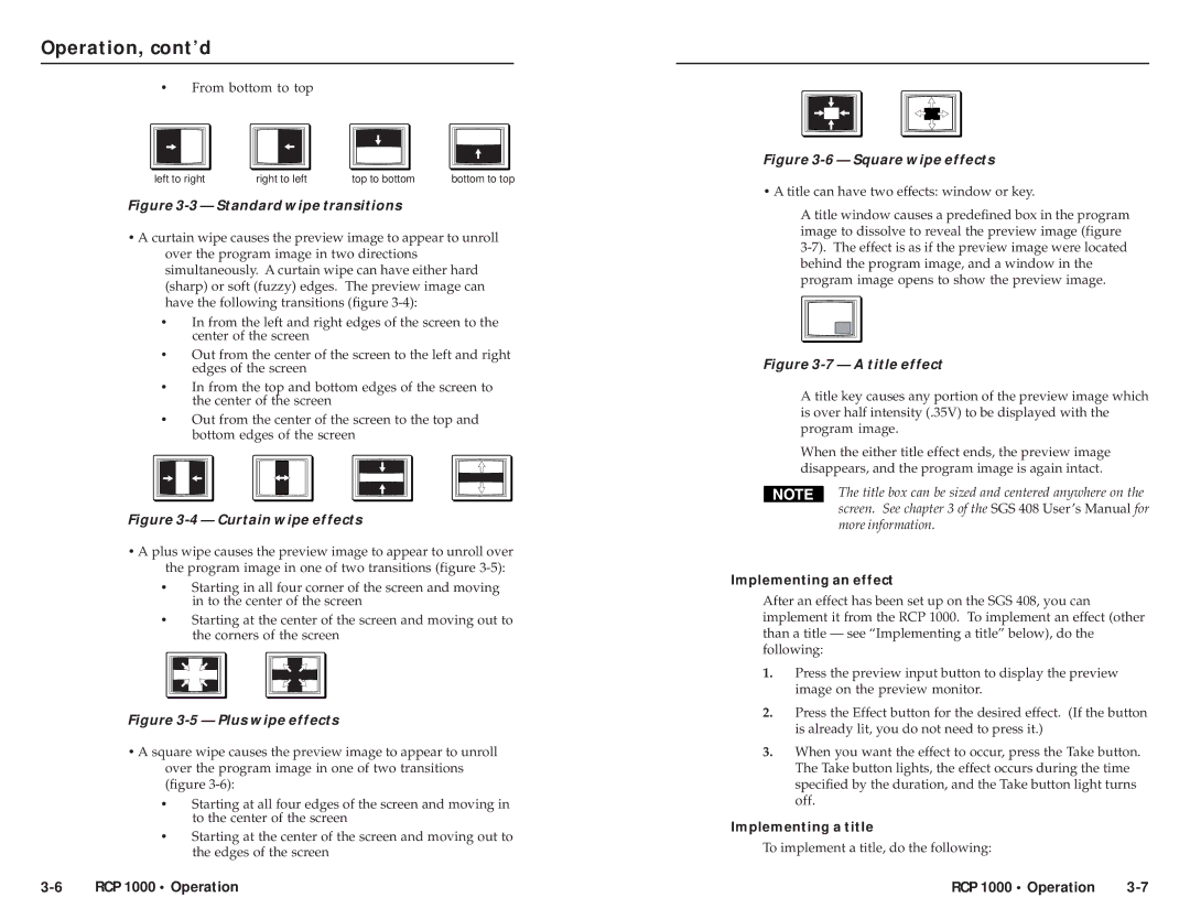 Extron electronic RCP 1000 user manual Operation, cont’d, Implementing an effect 