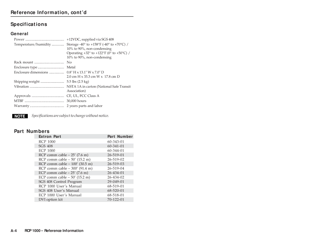 Extron electronic RCP 1000 user manual Reference Information, cont’d Specifications, Part Numbers 