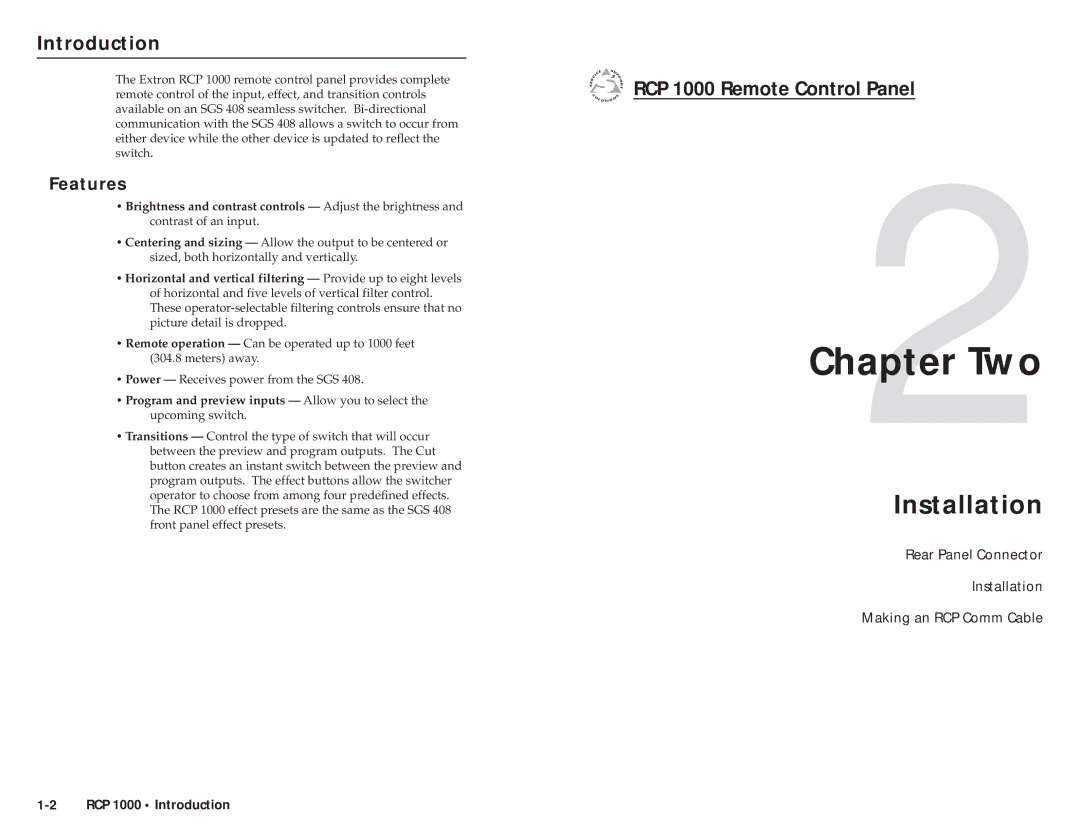 Extron electronic RCP 1000 user manual Two, Installation, Introductionroduction, cont’d, Features 