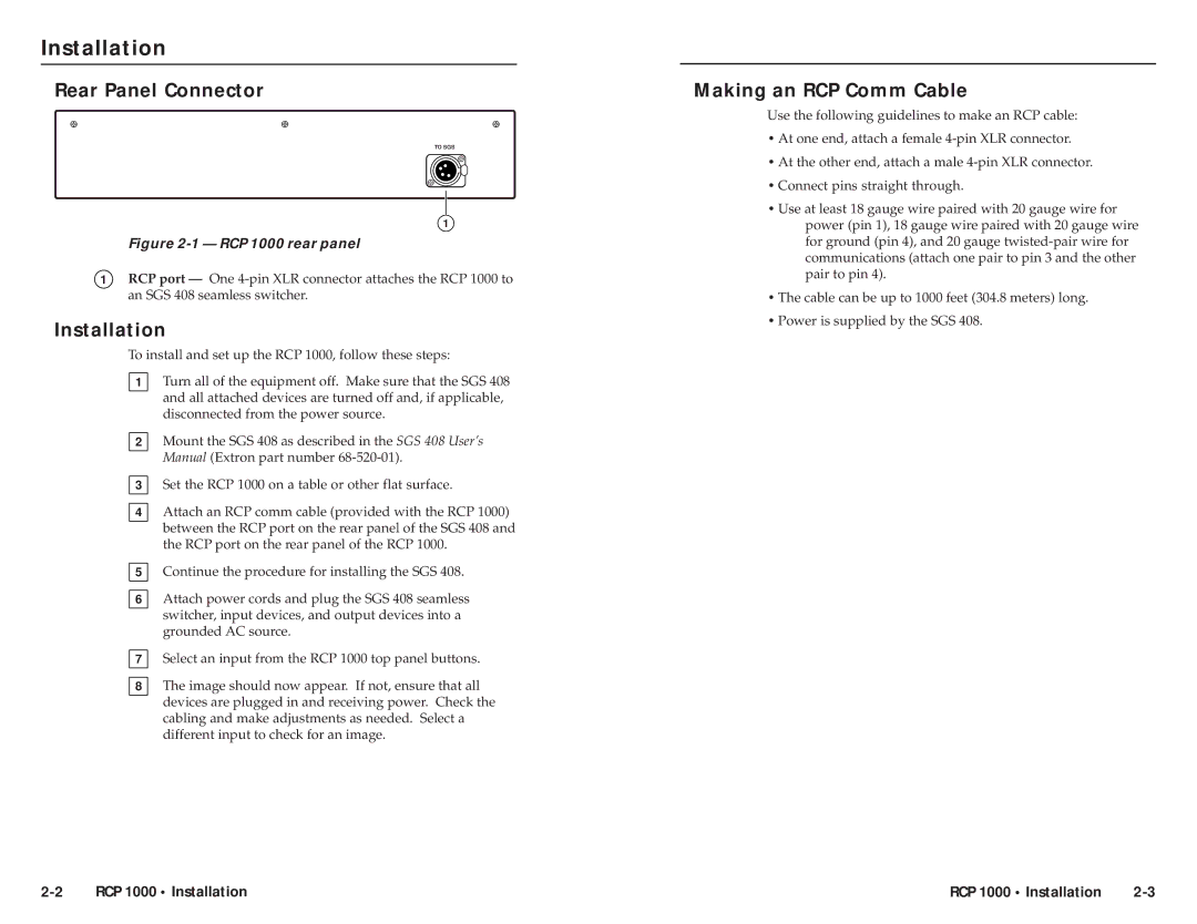 Extron electronic RCP 1000 user manual Installationtal ation, cont’d Rear Panel Connector, Making an RCP Comm Cable 