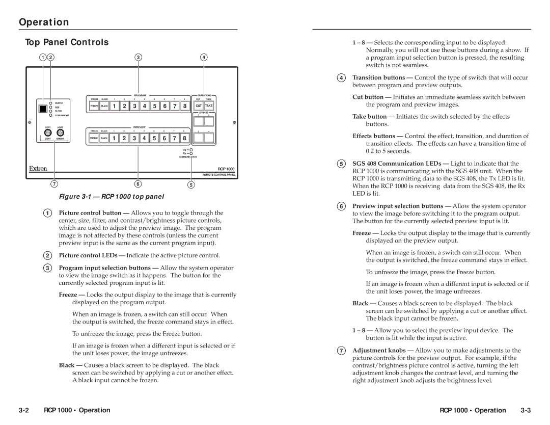 Extron electronic RCP 1000 Operationration, cont’d Top Panel Controls, SGS 408 Communication LEDs Light to indicate that 