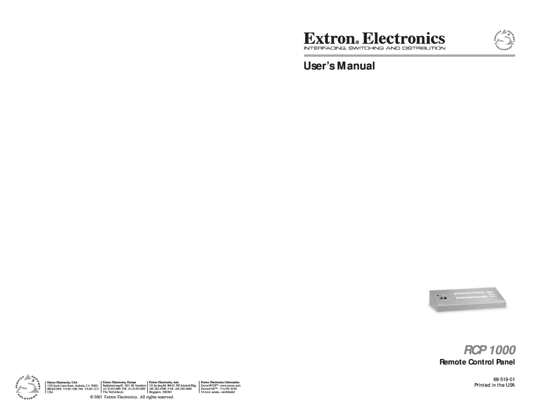 Extron electronic RCP 1000 user manual Remote Control Panel, User’s Manual, Printed in the USA, ExtronFAX, The Netherlands 
