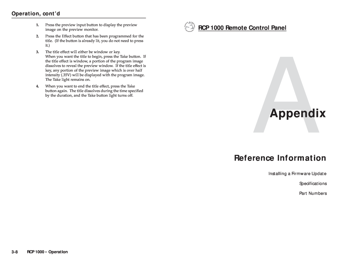 Extron electronic RCP 1000 AAppendix, Reference Information, Installing a Firmware Update Specifications Part Numbers 