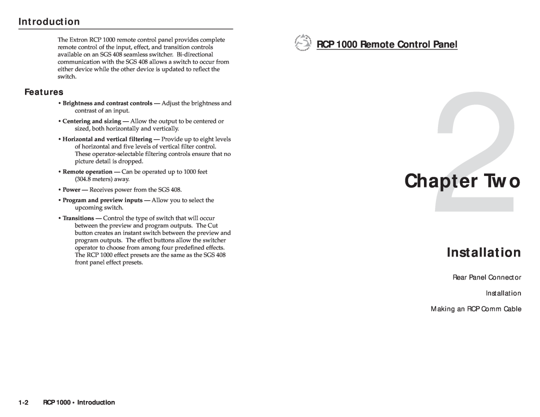 Extron electronic user manual Two, Installation, Introductionroduction, cont’d, Features, RCP 1000 Introduction 
