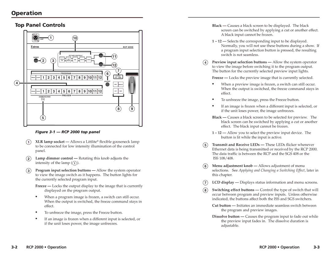 Extron electronic user manual Operationration, cont’d Top Panel Controls, RCP 2000 top panel 