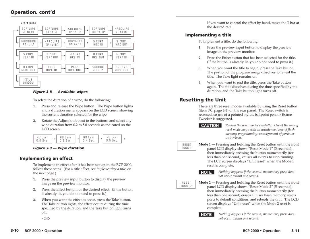 Extron electronic RCP 2000 user manual Resetting the Unit, Implementing a title, Implementing an effect 