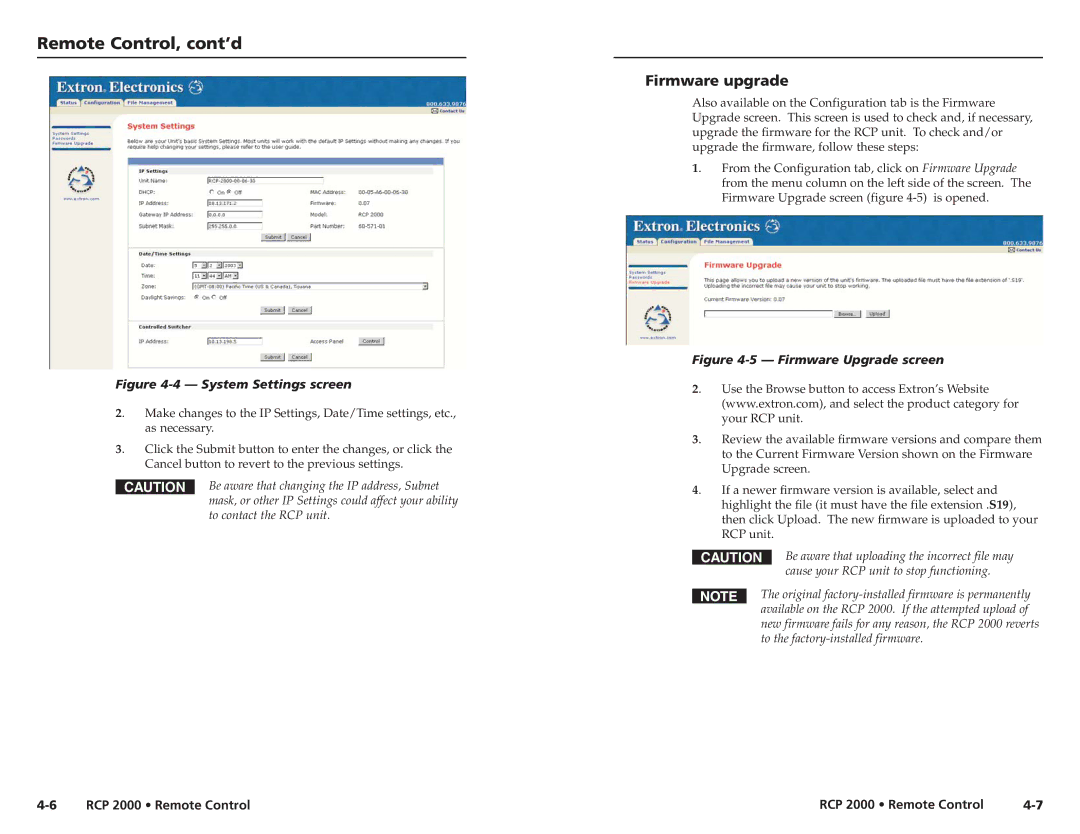 Extron electronic RCP 2000 user manual Remote Control, cont’d, Firmware upgrade 