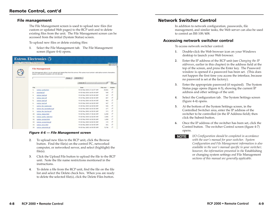 Extron electronic RCP 2000 user manual Network Switcher Control, File management, Accessing network switcher control 