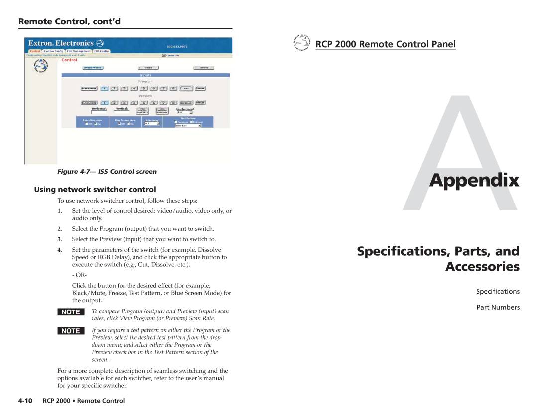 Extron electronic RCP 2000 user manual AAppendix, Specifications, Parts, Accessories, Using network switcher control 