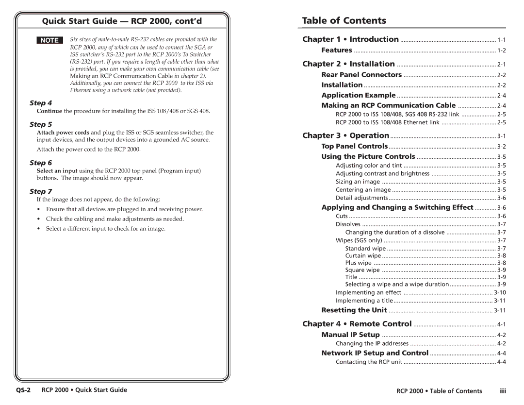 Extron electronic RCP 2000 user manual Table of Contents 