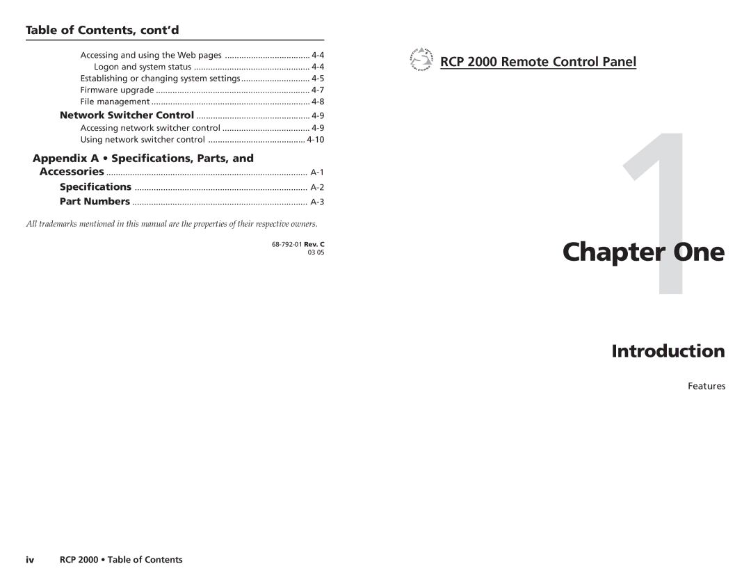 Extron electronic RCP 2000 user manual One, Introduction, Table of Contents, cont’d 