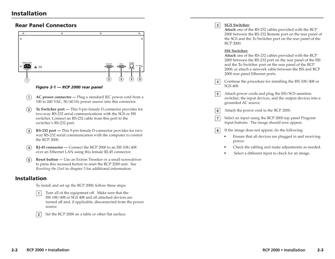 Extron electronic RCP 2000 user manual Installationtal ation, cont’d Rear Panel Connectors 