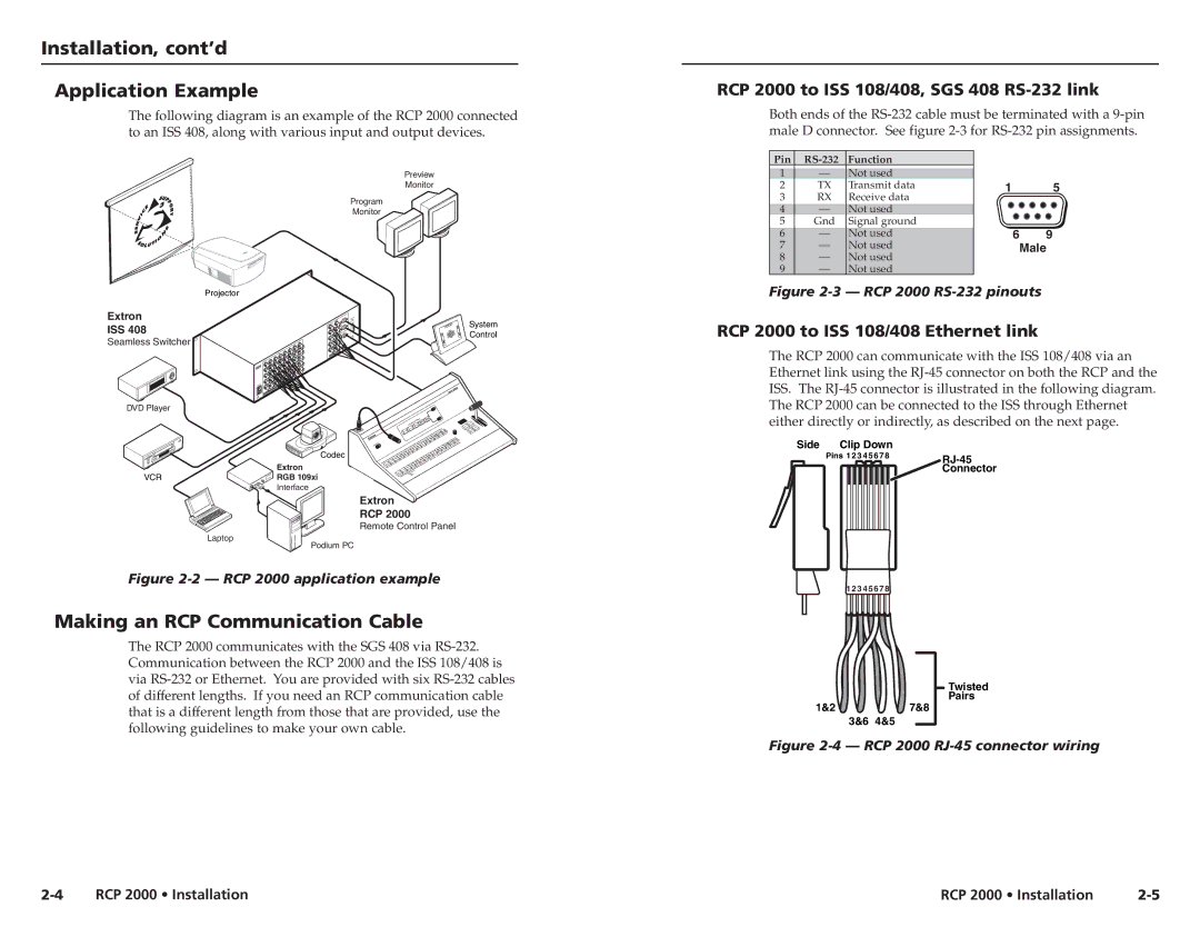 Extron electronic RCP 2000 user manual Installation, cont’d Application Example, Making an RCP Communication Cable 