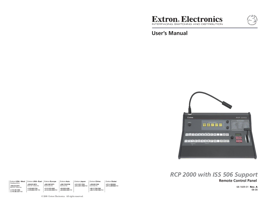 Extron electronic RCP 2000 user manual Remote Control Panel, Extron USA East 