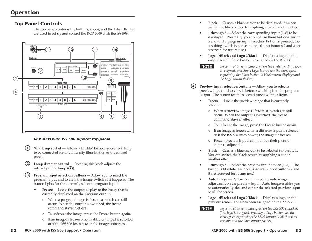 Extron electronic user manual Operation, Top Panel Controls, RCP 2000 with ISS 506 support top panel 