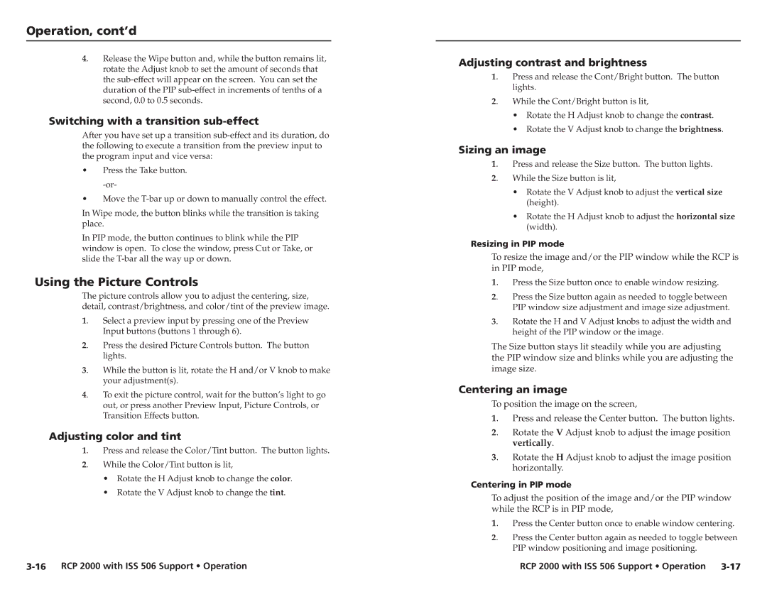 Extron electronic RCP 2000 user manual Using the Picture Controls 