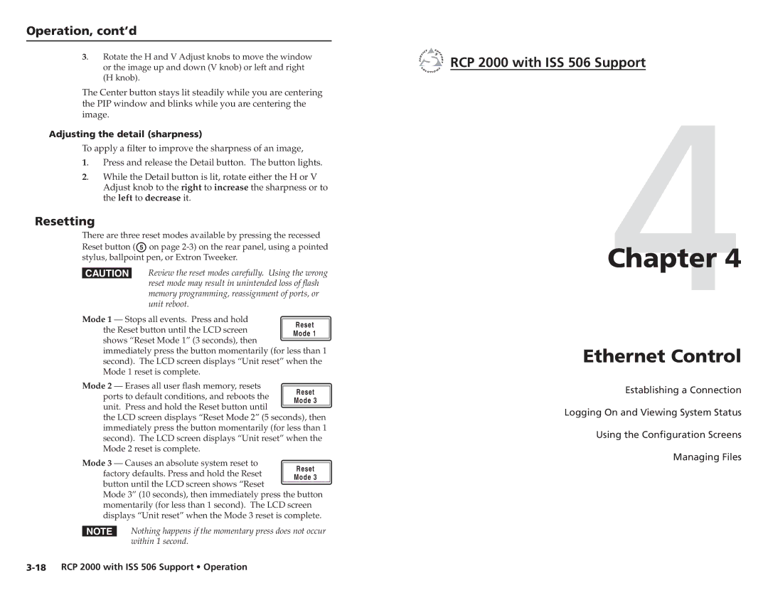 Extron electronic RCP 2000 user manual Ethernet Control, Resetting 