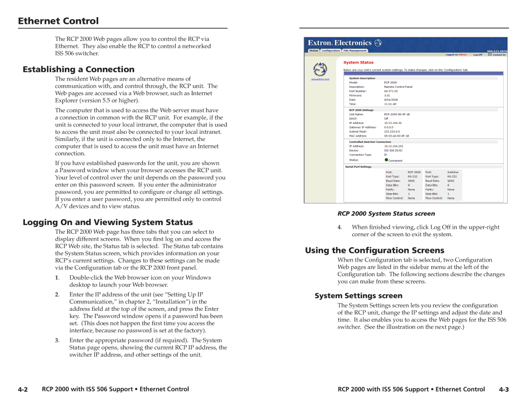 Extron electronic RCP 2000 user manual Ethernet Control, Establishing a Connection, Logging On and Viewing System Status 