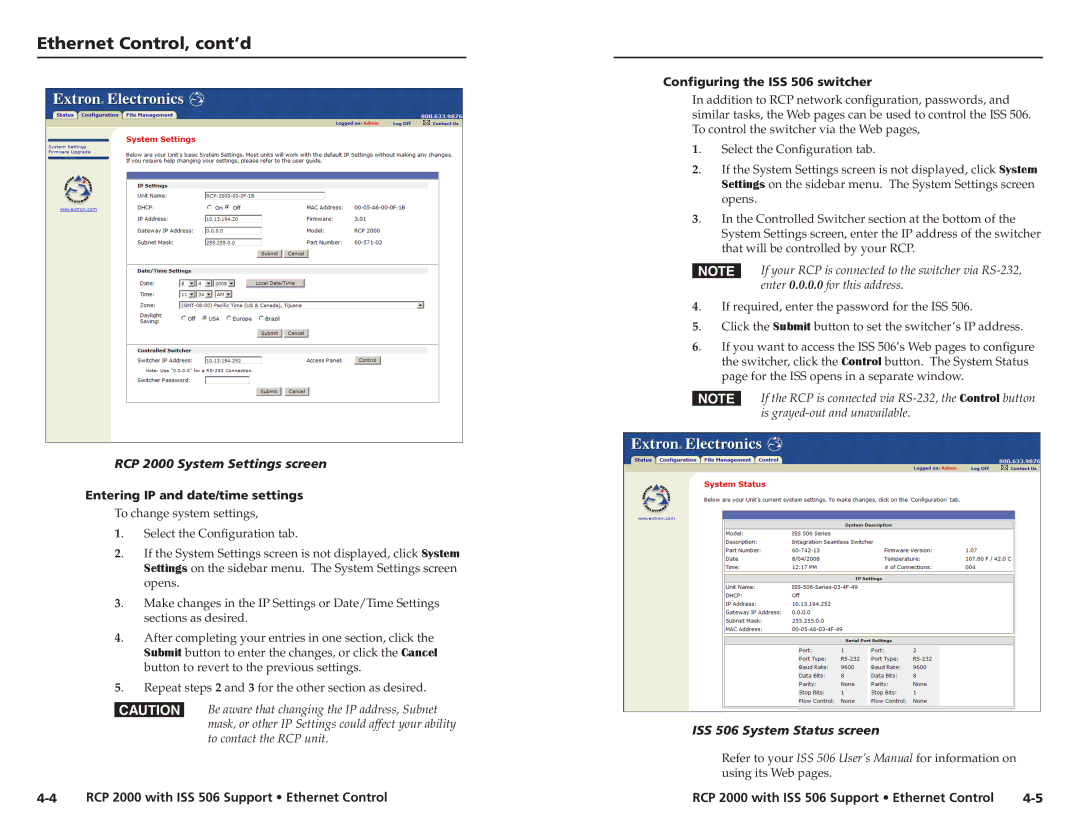 Extron electronic Ethernet Control, cont’d, RCP 2000 System Settings screen, Entering IP and date/time settings 