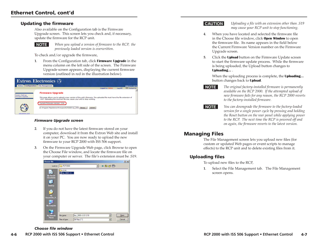 Extron electronic RCP 2000 user manual Managing Files, Updating the firmware, Uploading files, Firmware Upgrade screen 