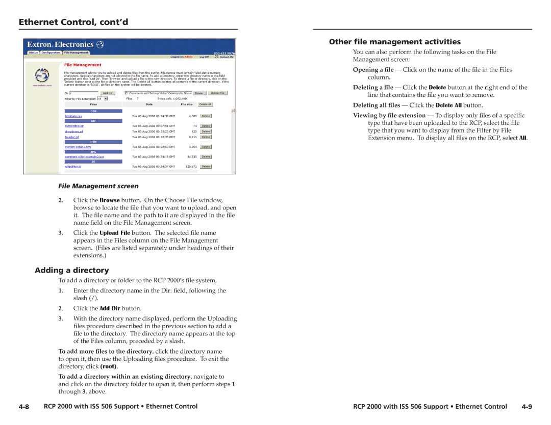 Extron electronic RCP 2000 user manual Adding a directory, Other file management activities, File Management screen 