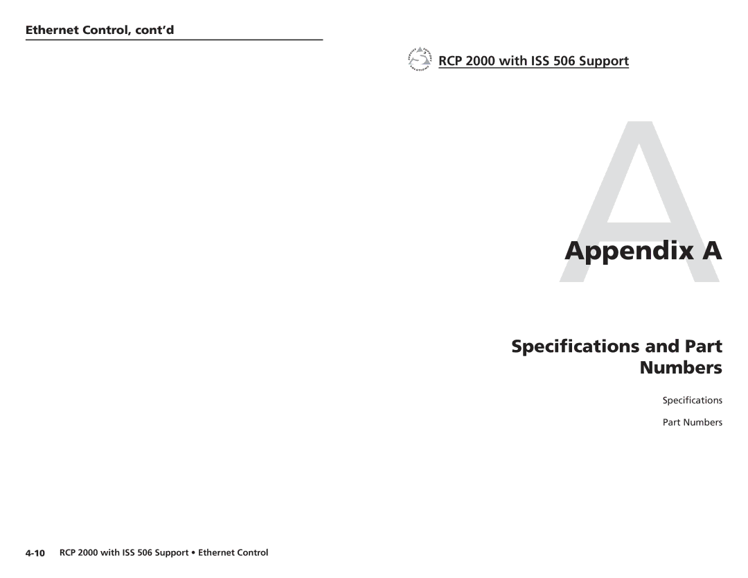 Extron electronic RCP 2000 user manual AAppendix a, Specifications and Part Numbers 