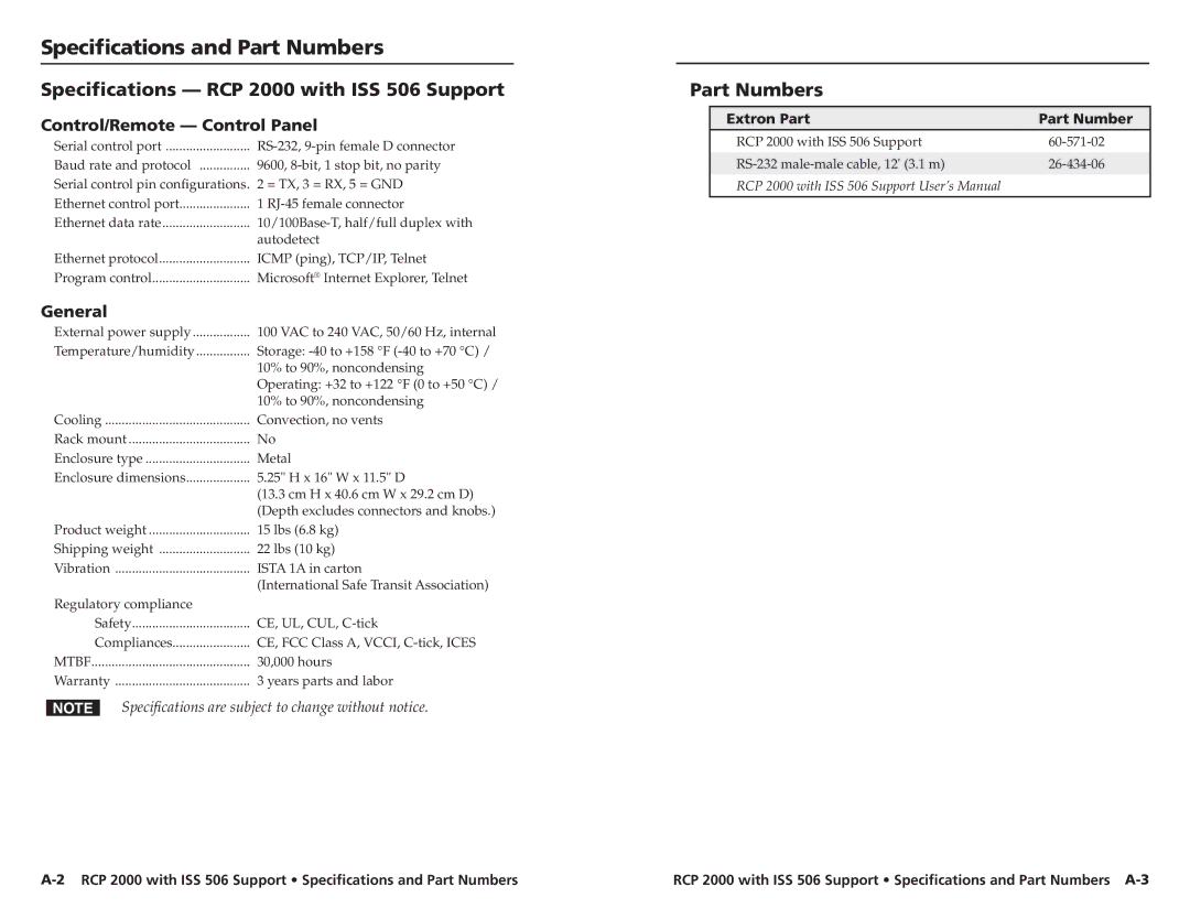 Extron electronic user manual Specifications and Part Numbers, Specifications RCP 2000 with ISS 506 Support, General 