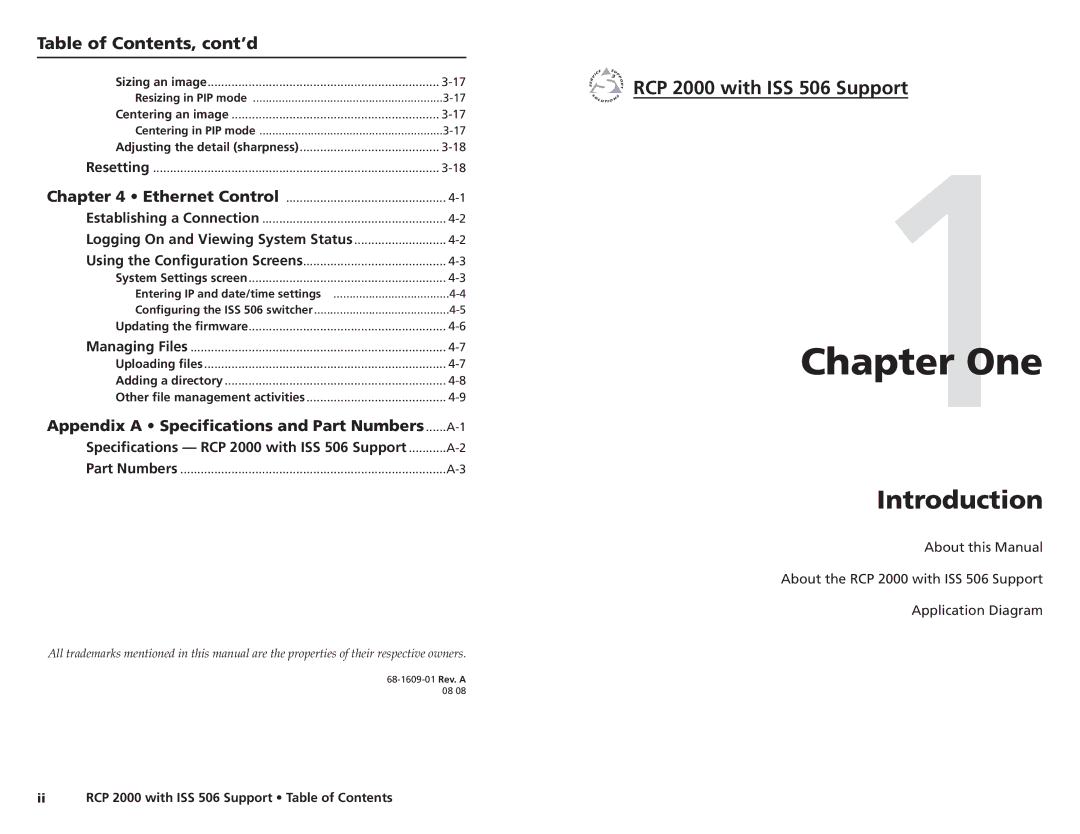 Extron electronic user manual Introduction, RCP 2000 with ISS 506 Support, Table of Contents, cont’d 