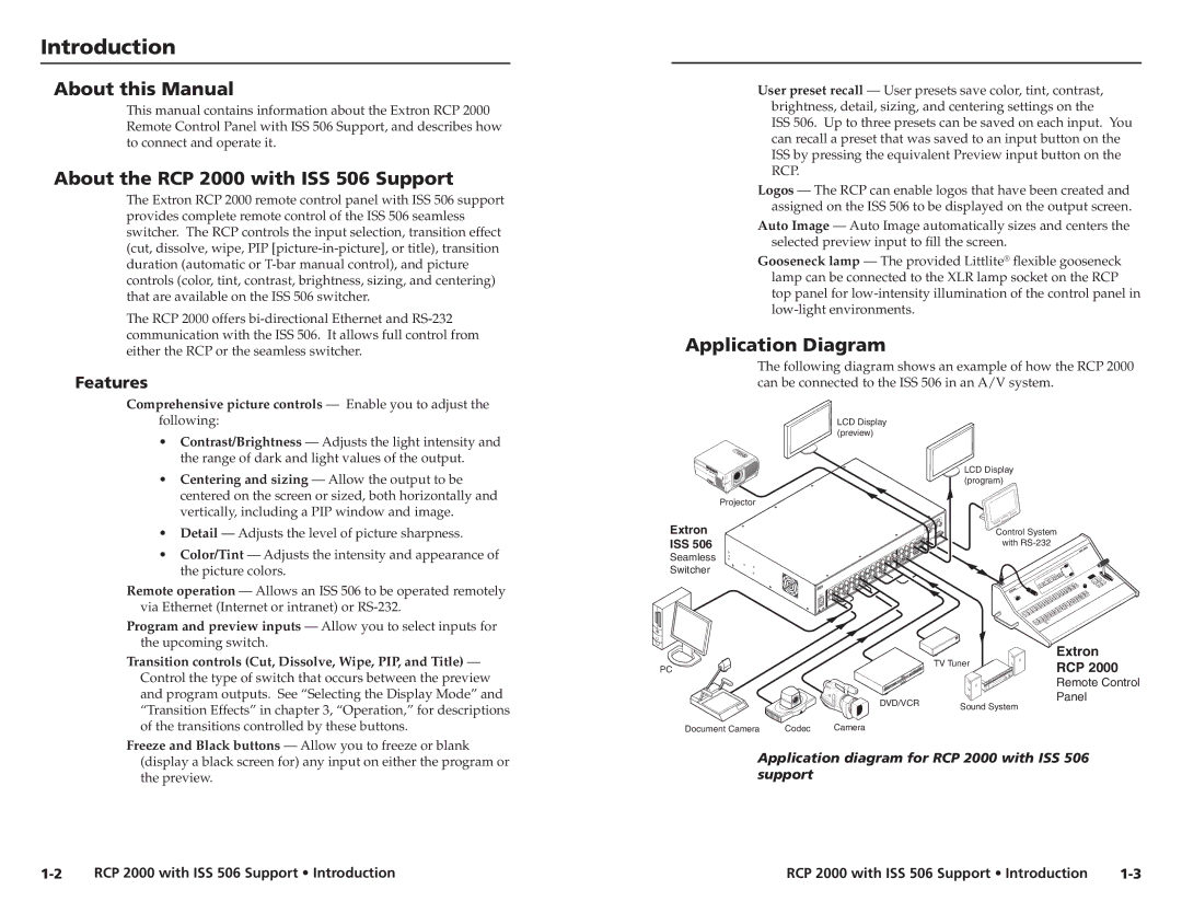 Extron electronic Introduction, About this Manual, About the RCP 2000 with ISS 506 Support, Application Diagram 