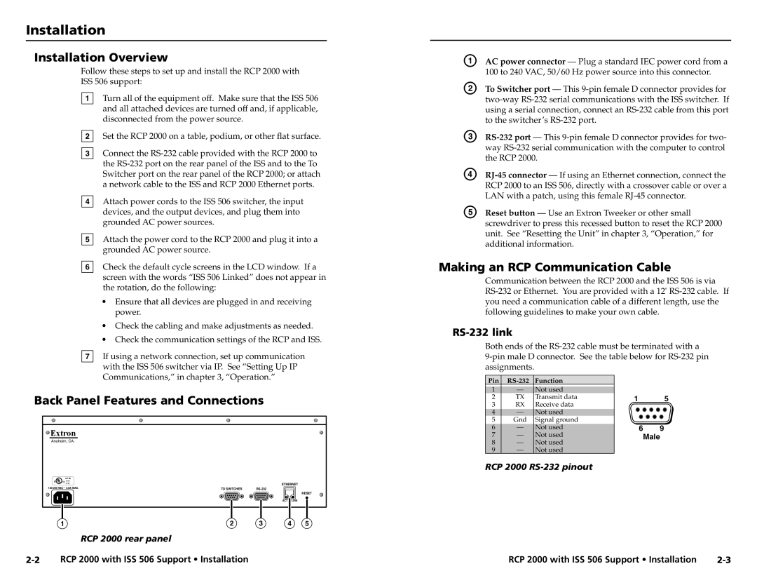 Extron electronic RCP 2000 user manual Installation Overview, Back Panel Features and Connections, RS-232 link 