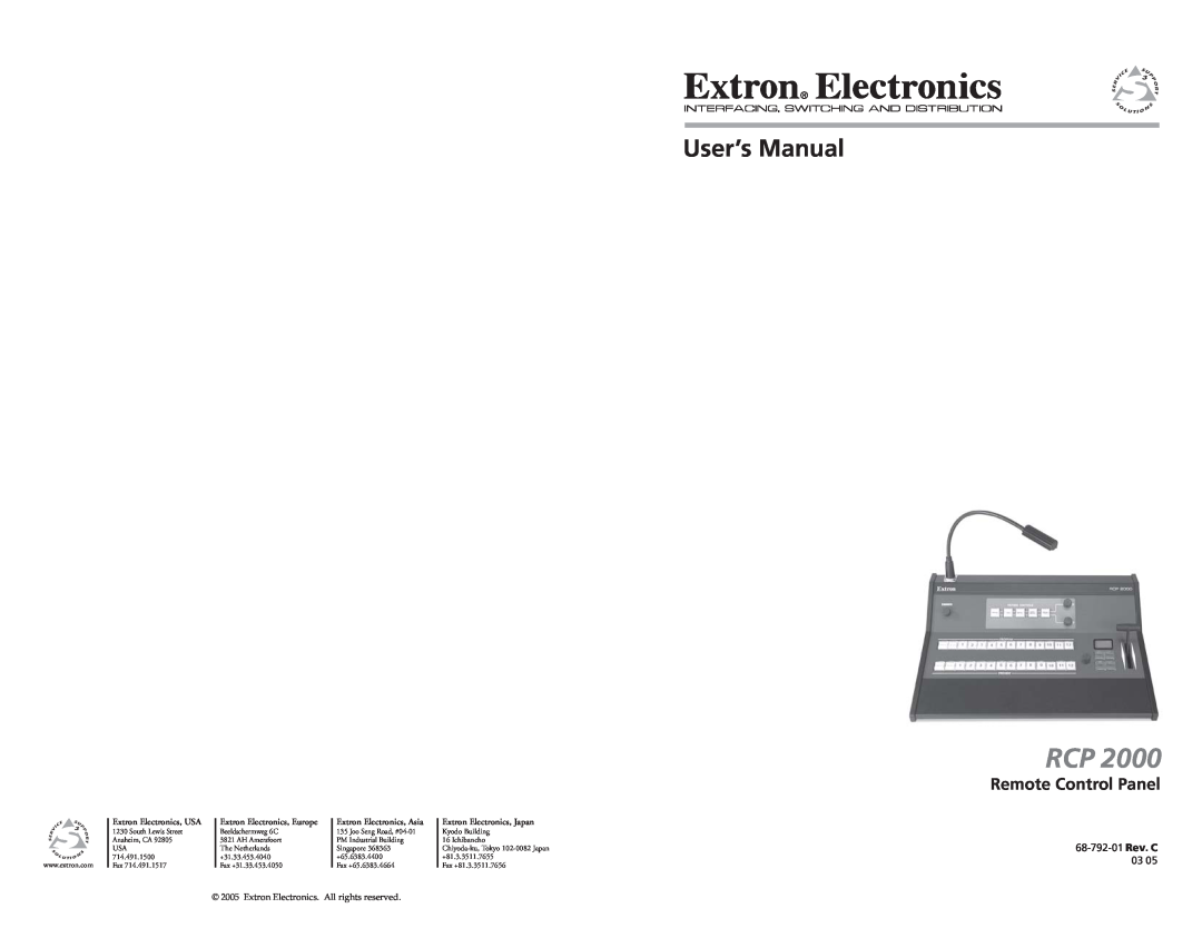Extron electronic RCP 2000 user manual Remote Control Panel, User’s Manual, 68-792-01 Rev. C, Extron Electronics, USA 