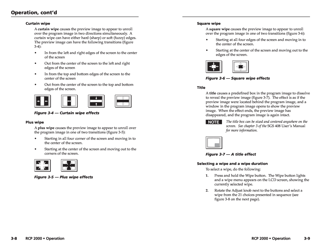 Extron electronic Operation, cont’d, RCP 2000 Operation, 4 - Curtain wipe effects, 5 - Plus wipe effects, Title 