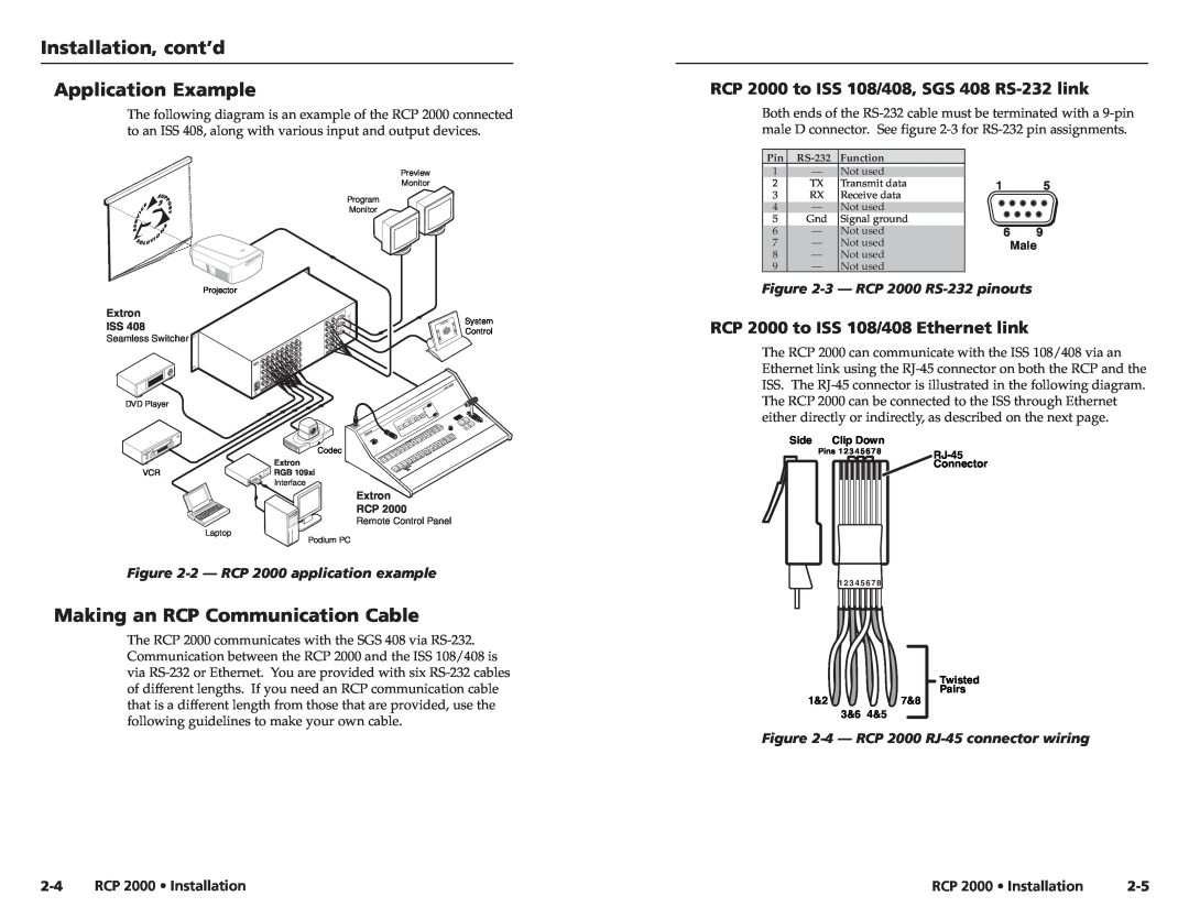 Extron electronic RCP 2000 user manual Installation, cont’d Application Example, Making an RCP Communication Cable 