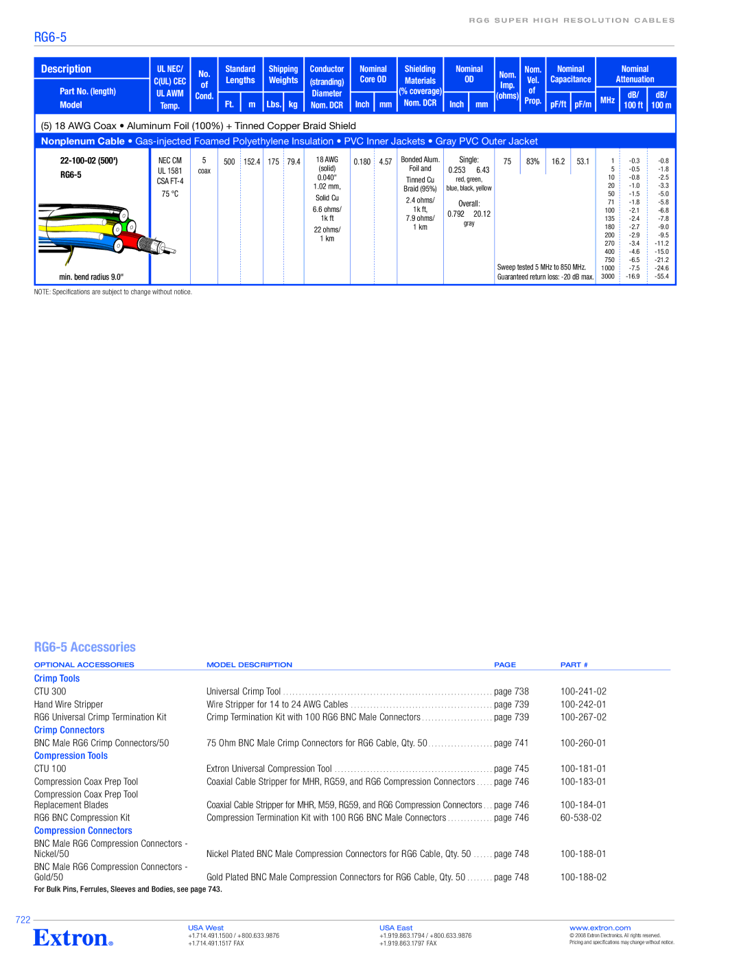 Extron electronic RG6-5 specifications Crimp Tools, Crimp Connectors, Compression Tools, Compression Connectors, 722 