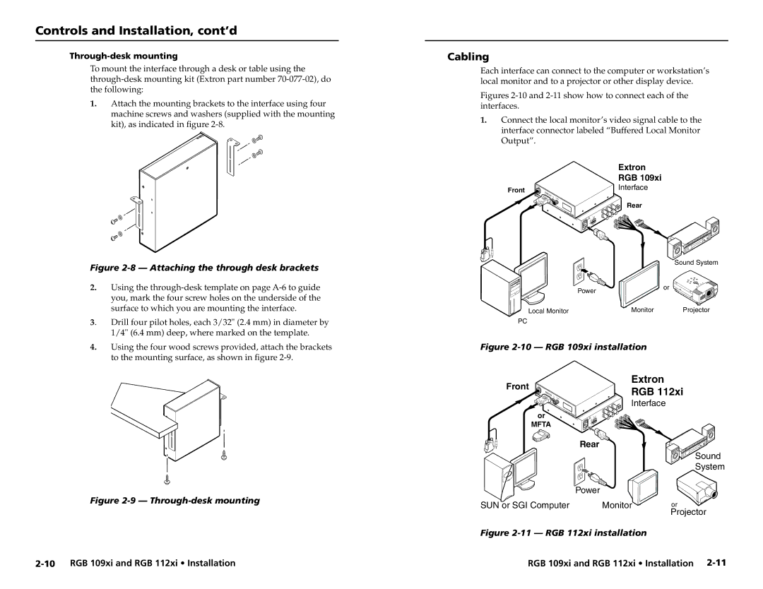 Extron electronic RGB 112XI, RGB 109XI user manual Cabling, Through-desk mounting 