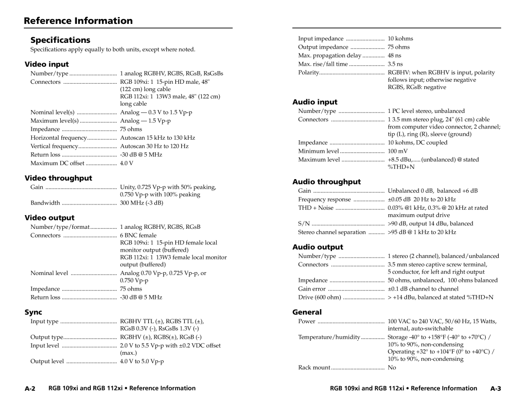 Extron electronic RGB 109XI, RGB 112XI user manual Reference Information, Specifications 