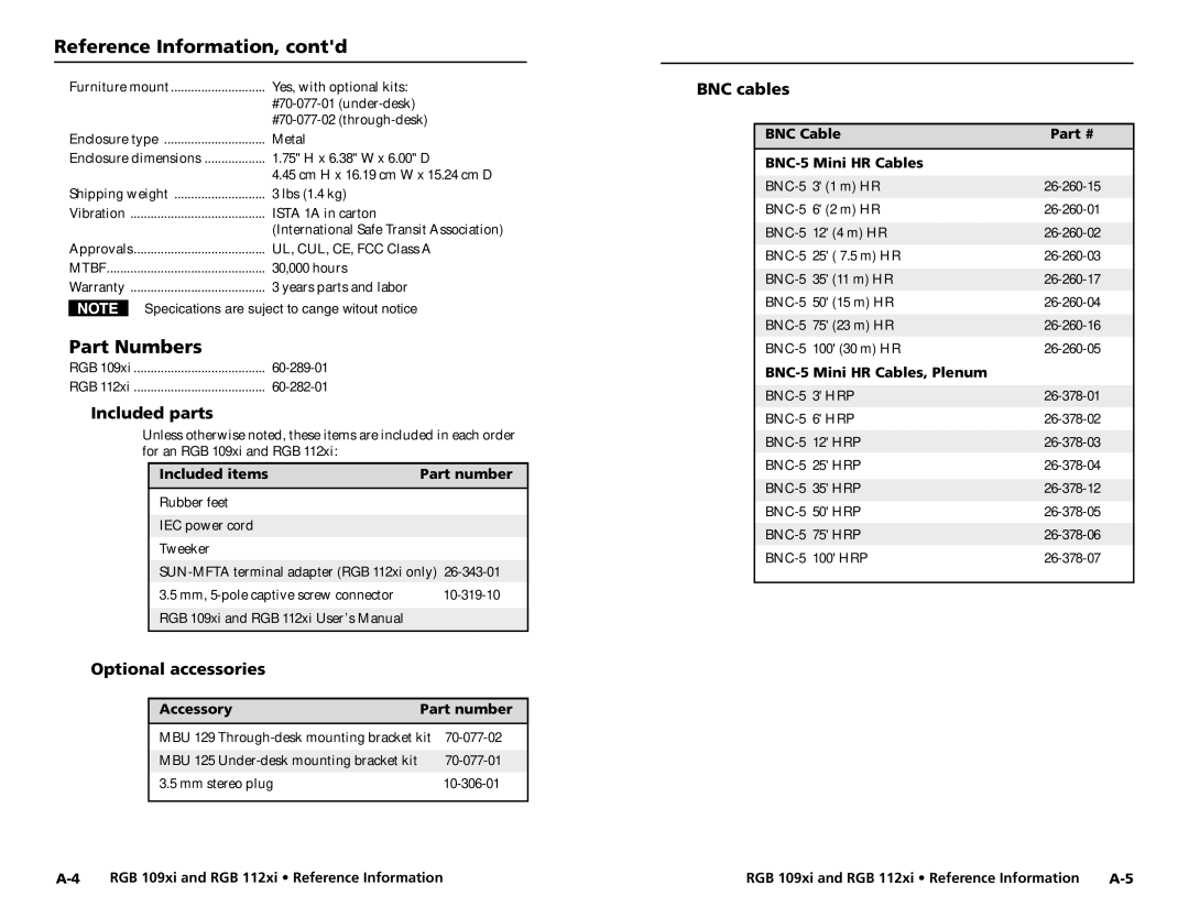 Extron electronic RGB 112XI Reference Information, contd, Part Numbers, Included parts, Optional accessories, BNC cables 