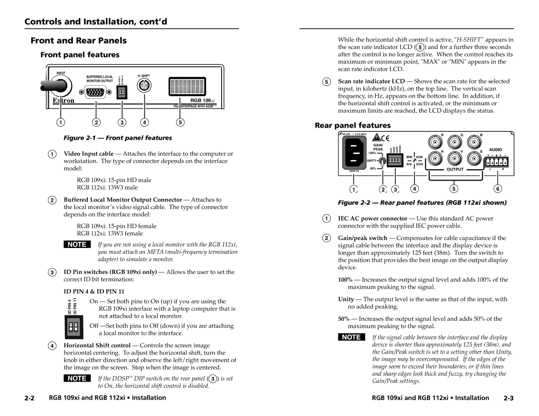 Extron electronic RGB 112XI, RGB 109XI Controls and Installation, cont’d Front and Rear Panels, Front panel features 