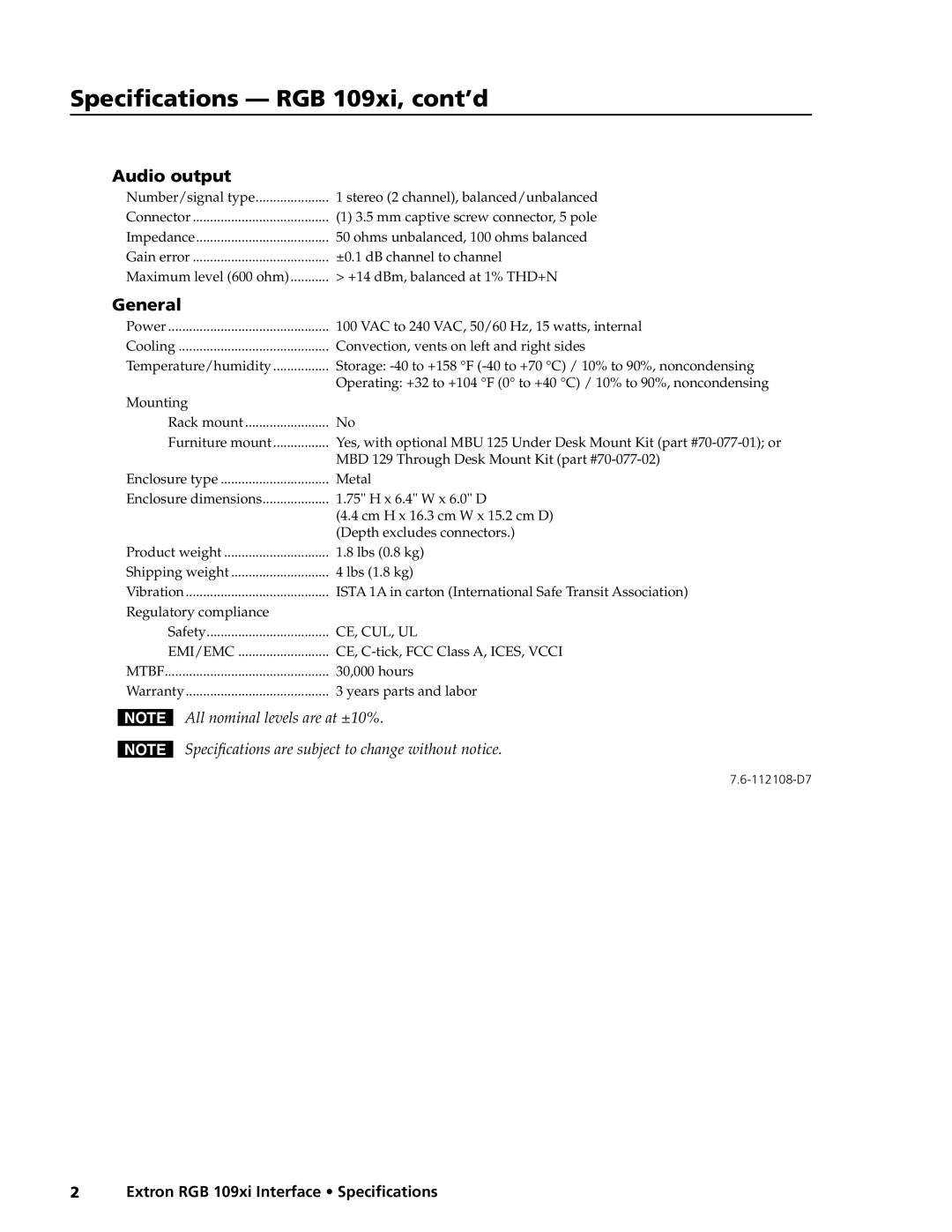 Extron electronic RGB 109XI specifications Audio output, General 