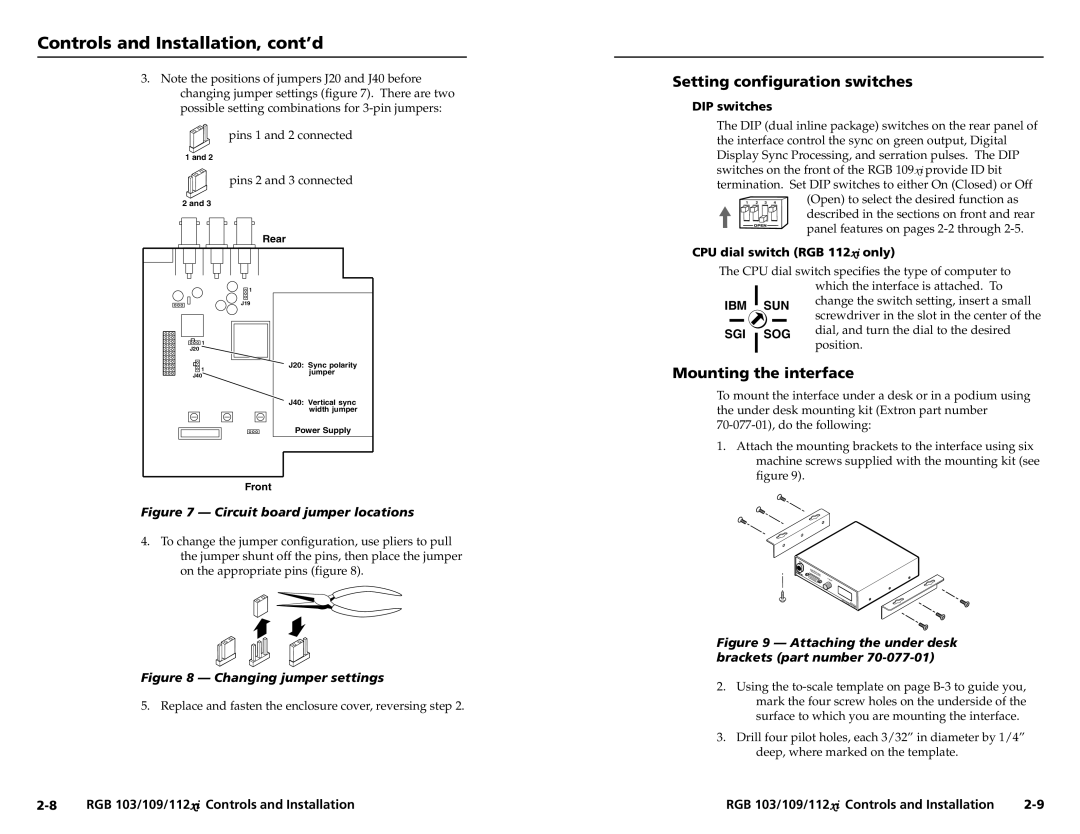 Extron electronic RGB 109, RGB 112, RGB 103 Setting configuration switches, Mounting the interface, Pins 1 and 2 connected 