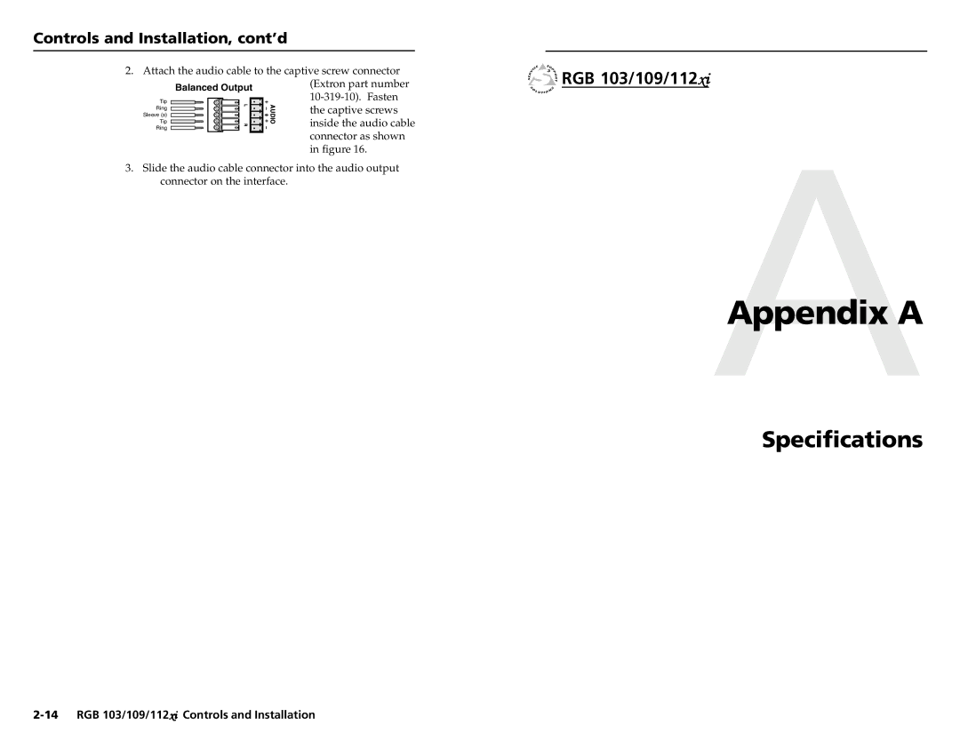 Extron electronic RGB 109, RGB 112, RGB 103 user manual AAppendix a, Specifications 