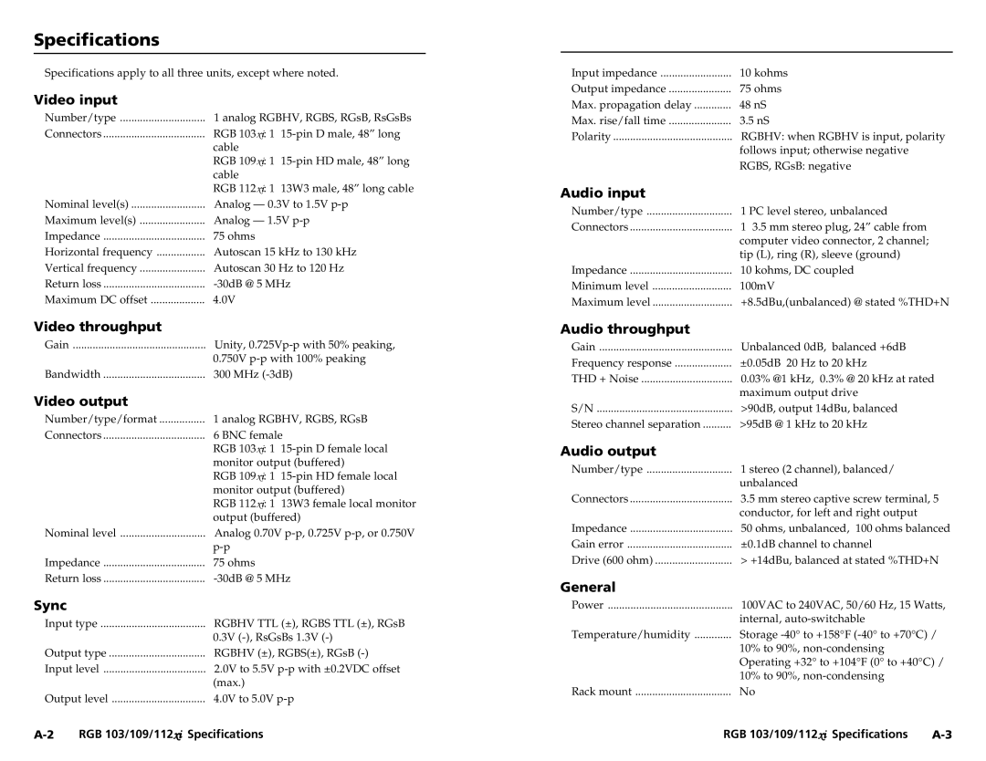 Extron electronic RGB 103, RGB 112, RGB 109 user manual Specifications 