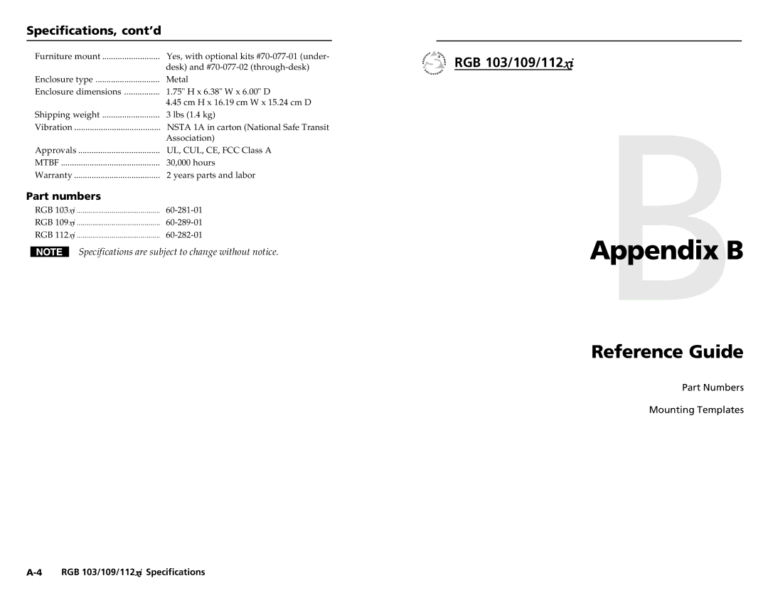 Extron electronic RGB 112, RGB 109, RGB 103 user manual AppendixBB, Reference Guide, Specifications, cont’d, Part numbers 