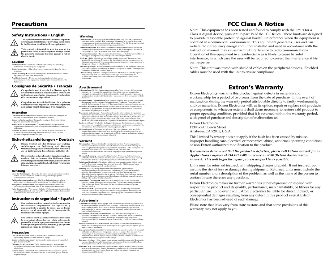 Extron electronic RGB 103, RGB 112, RGB 109 user manual Precautions, FCC Class a Notice, Extron’s Warranty 